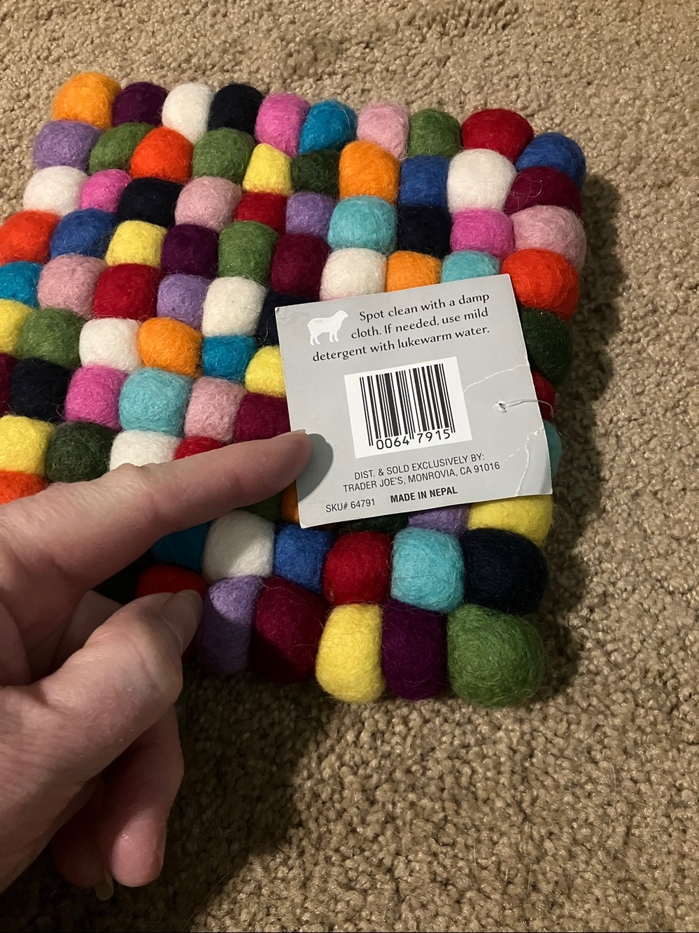 Gorgeous colorful handcrafted Felted Wool Trivet Trader Joe’s new w/tag Nepal - Picture 2 of 3